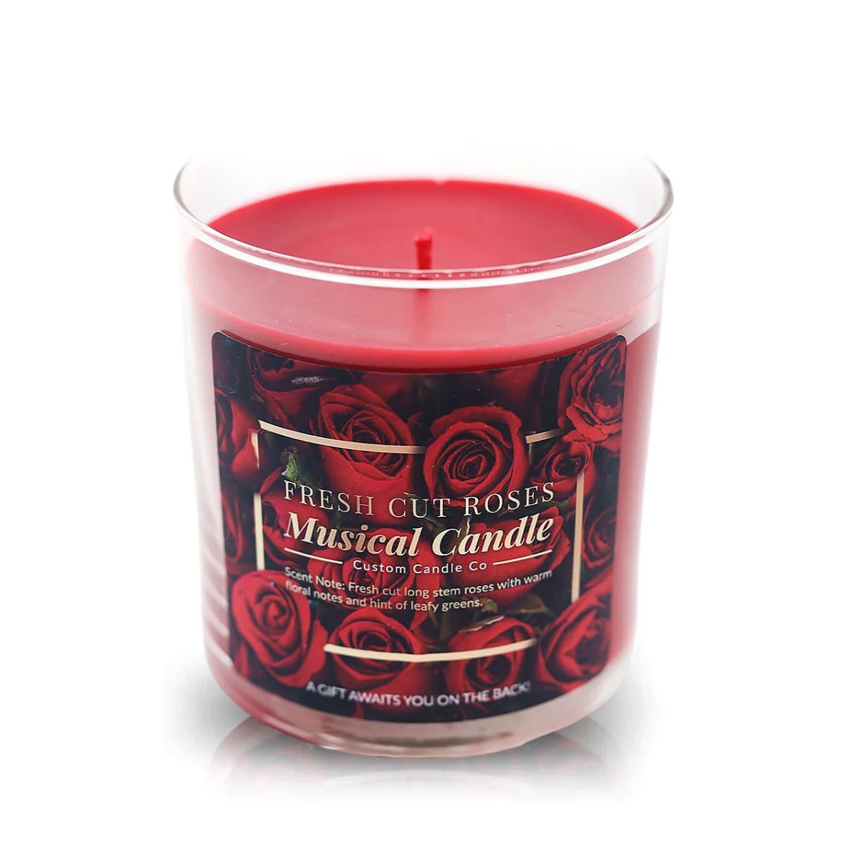 The Musical Love Candle – Fresh Cut Roses is a red scented candle in a clear glass jar with red rose designs—ideal for Valentine’s Day or as a romantic musical love candle.