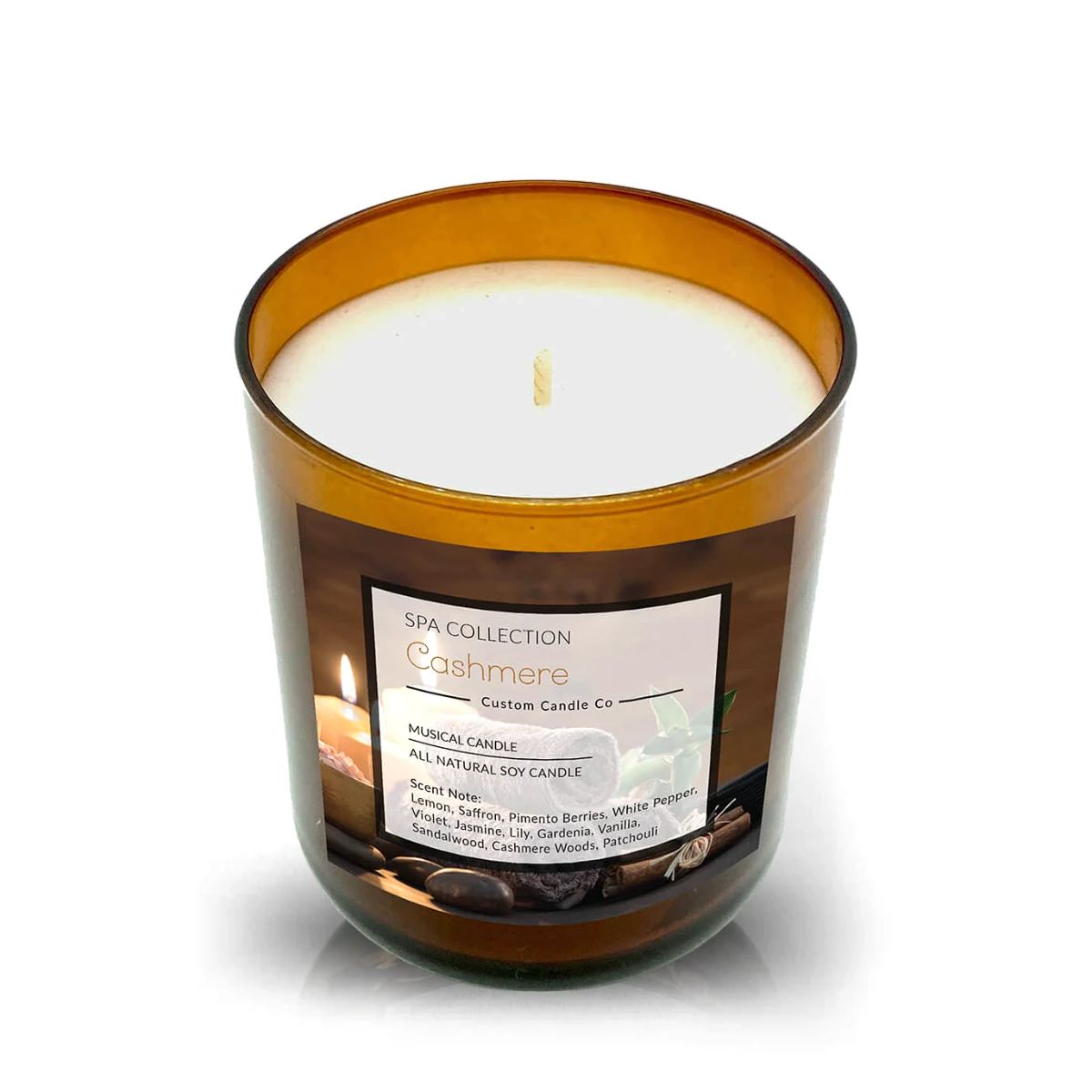 The Musical Spa Cashmere Candle is a natural scented candle in an amber glass jar with white wax and a single wick, ideal for creating a relaxing atmosphere as part of your spa rituals.