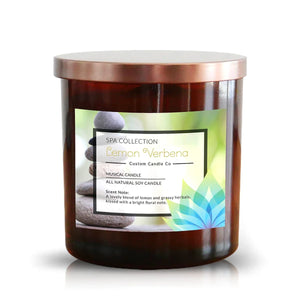 The Musical Spa Lemon Verbena Candle is a brown glass jar candle with a copper lid, offering luxurious soy wax and refreshing lemon and herbal scents—ideal for creating a spa-like, musical atmosphere at home.