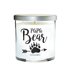 Papa Bear - Natural Soy Candle by CustomCandleCo: clear glass jar with white wax, silver lid, and "Papa Bear" in black above a paw print and arrow graphic. The perfect gift for Dad.