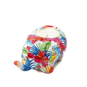 Pasha the Ceramic Elephant Candle is a small holder with a colorful floral pattern, featuring an all-natural white soy candle inside.