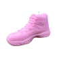 The AJ-11 Baby Pink Hightop Sneaker Candle – Large (On Backorder) features a black ice fragrance and is shaped like a high-top sneaker, shown against a white background.