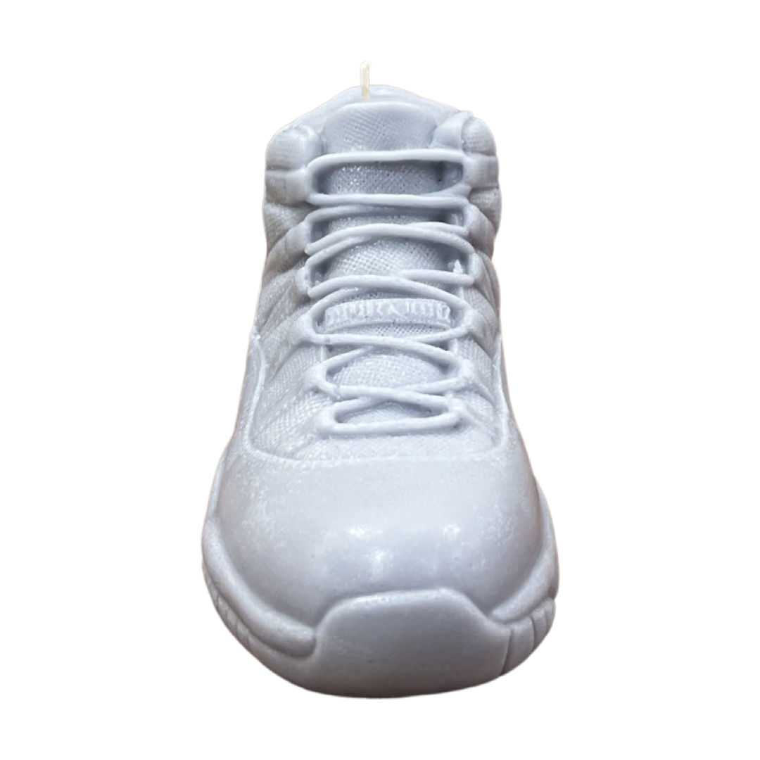 The AJ-11 Gray Hightop Sneaker Candle – Large (On Backorder) is a hand-poured candle, front-facing with detailed laces and stitching, infused with a refreshing Black Ice fragrance.