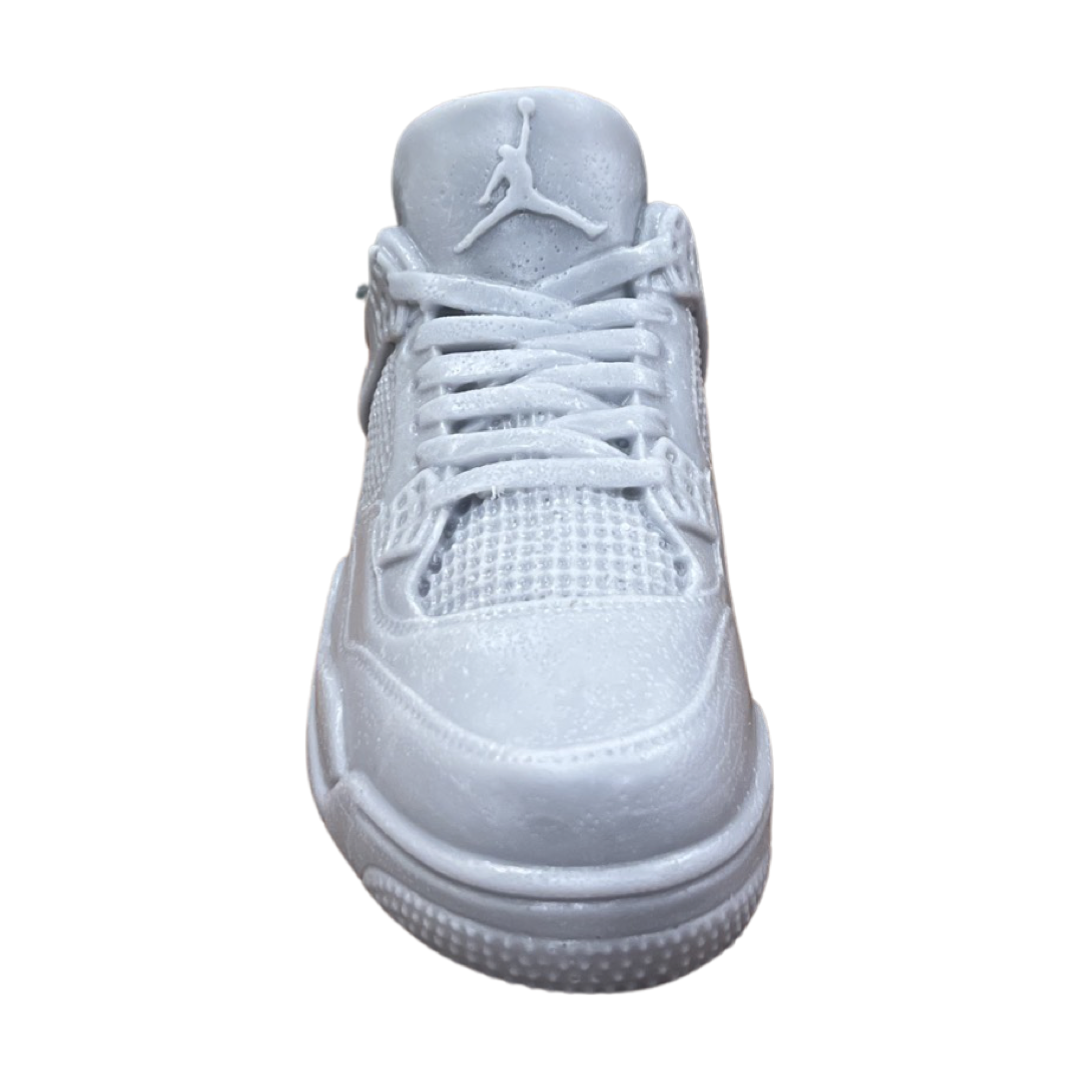 Front view of the AJ-4 Gray Sneaker Candle – XL (On Backorder), styled like a gray sneaker with tied laces and iconic details, reimagined as a candle infused with Black Ice fragrance against a plain white background.