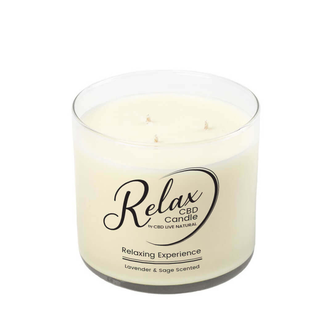 The RELAX Aromatherapy Candle 16oz is a white, three-wick candle made from all-natural soy wax, infused with CBD and a calming Lavender & Sage scent, in a clear glass jar labeled "Relax CBD Candle, Relaxing Experience.