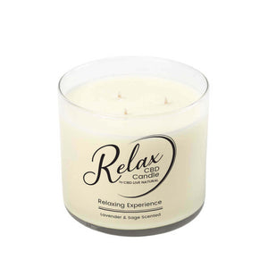 The RELAX Aromatherapy Candle 16oz is a white, three-wick candle made from all-natural soy wax, infused with CBD and a calming Lavender & Sage scent, in a clear glass jar labeled "Relax CBD Candle, Relaxing Experience.