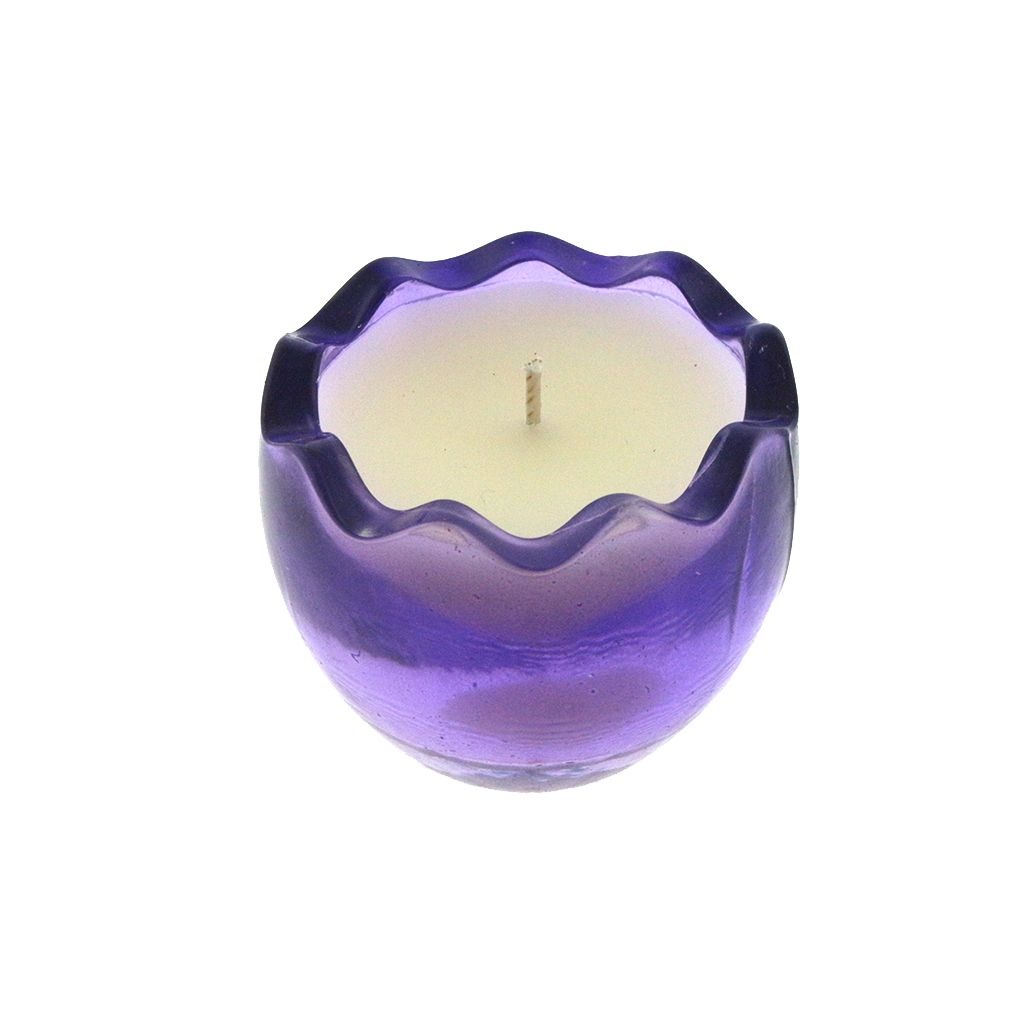 The Purple Glass Easter Egg is a white, Peeps-scented candle with a single wick in a round, purple glass holder featuring a wavy rim.