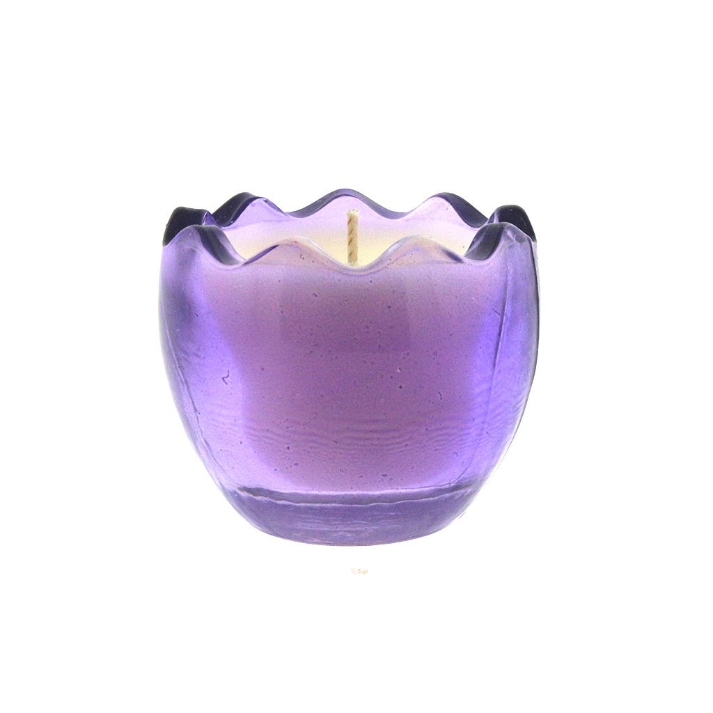 The Purple Glass Easter Egg is a natural wax candle in a translucent, wavy-edged glass holder, displayed against a white background.