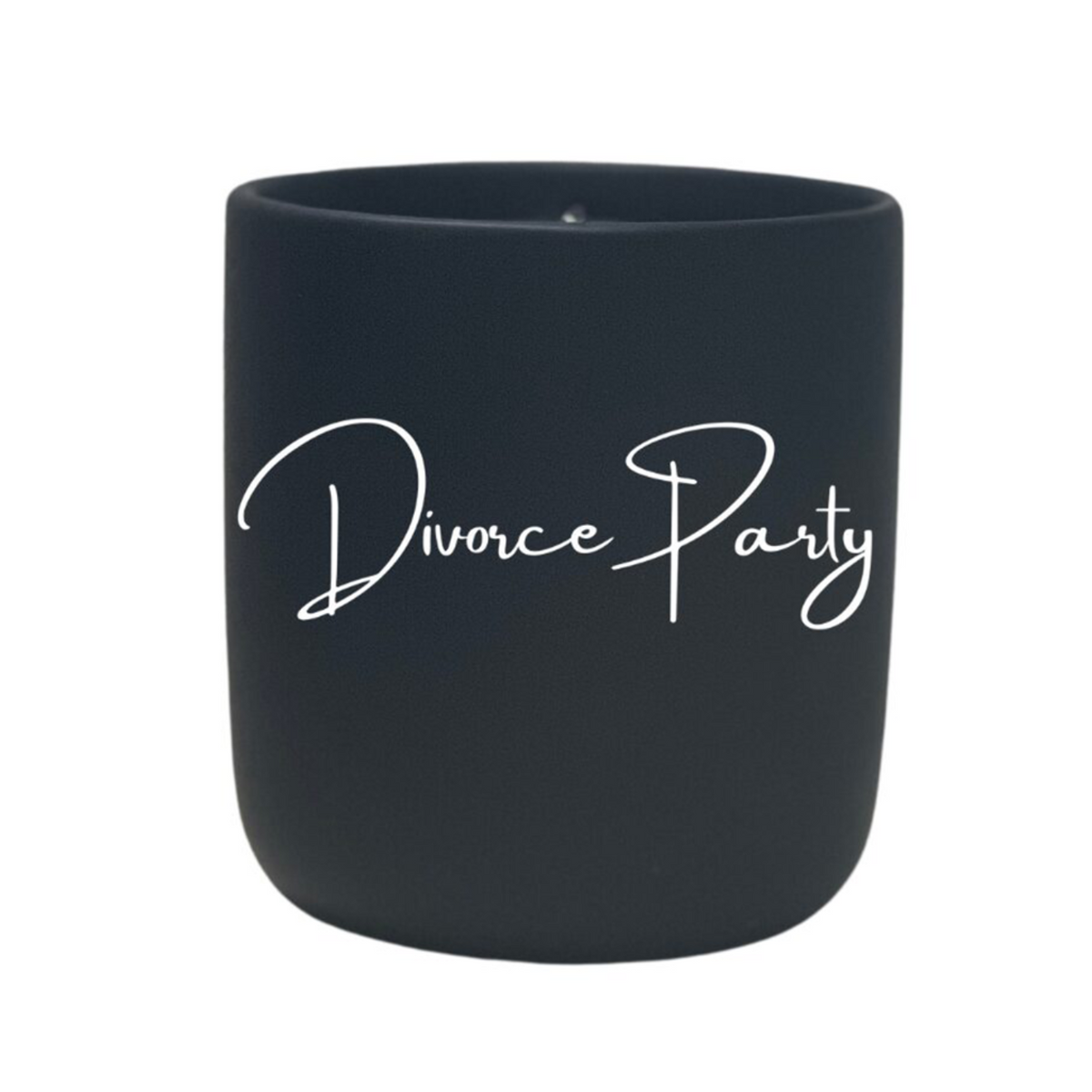 The Quoted - "Divorce Party" Candle is a black, natural wax candle with "Divorce Party" in white cursive—perfect for boldly celebrating new beginnings.