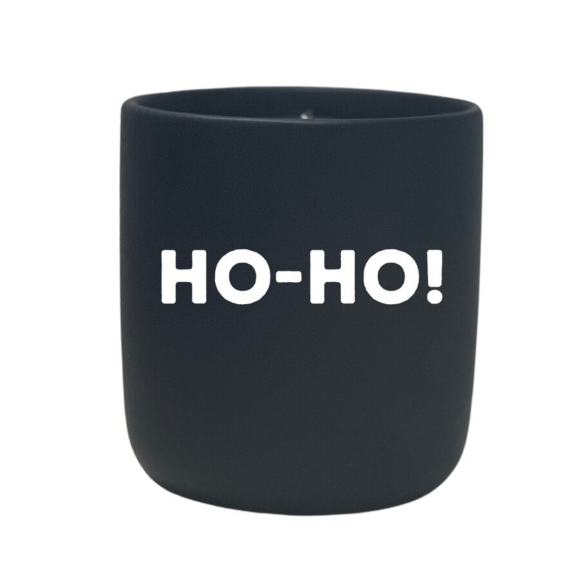 The Quoted - "Ho-Ho!" Candle is a black custom candle holder with "HO-HO!" in bold white letters, ideal for displaying your favorite natural wax or feng shui candle.