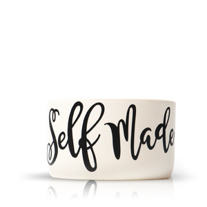 The "Self Made" White Candle Gift Box Set features a white ceramic bowl with bold black cursive, perfect as a unique gift or for holding a custom candle crafted from natural wax.