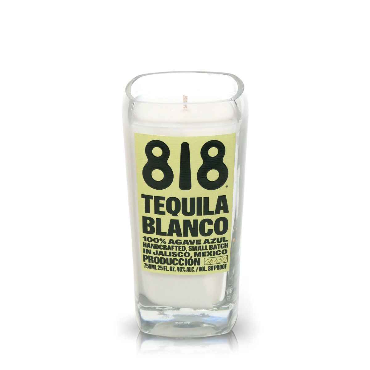 The Recycled Azul Agave Blanco Tequila Candle, crafted from a square glass bottle with "818 Tequila Blanco" labeling and black text on yellow, adds the essence of agave lime to your space.