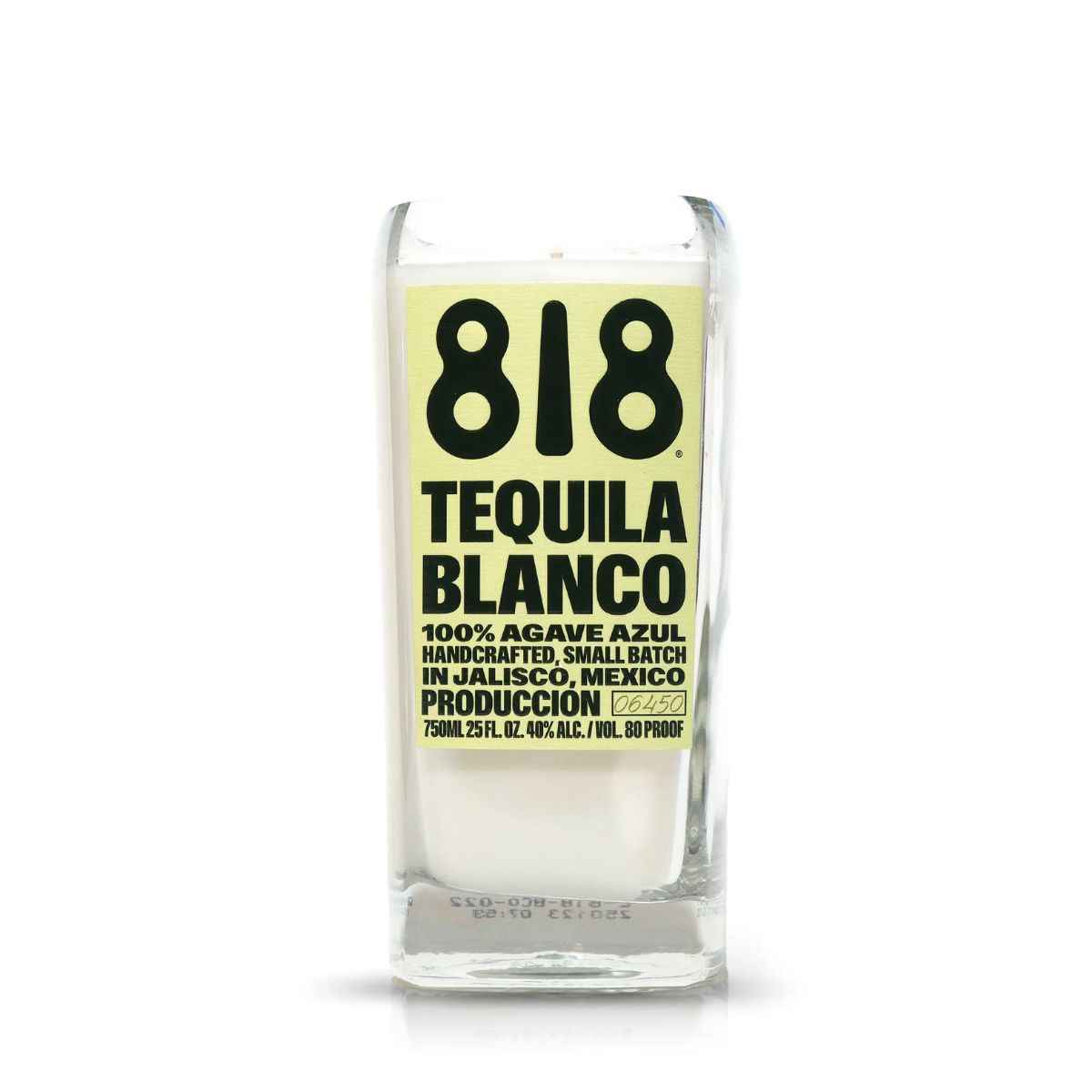 The Recycled Azul Agave Blanco Tequila Candle is handcrafted from a rectangular 818 Tequila Blanco bottle labeled 100% agave azul, made in Jalisco, Mexico—ideal for décor or pairing with an agave lime candle.