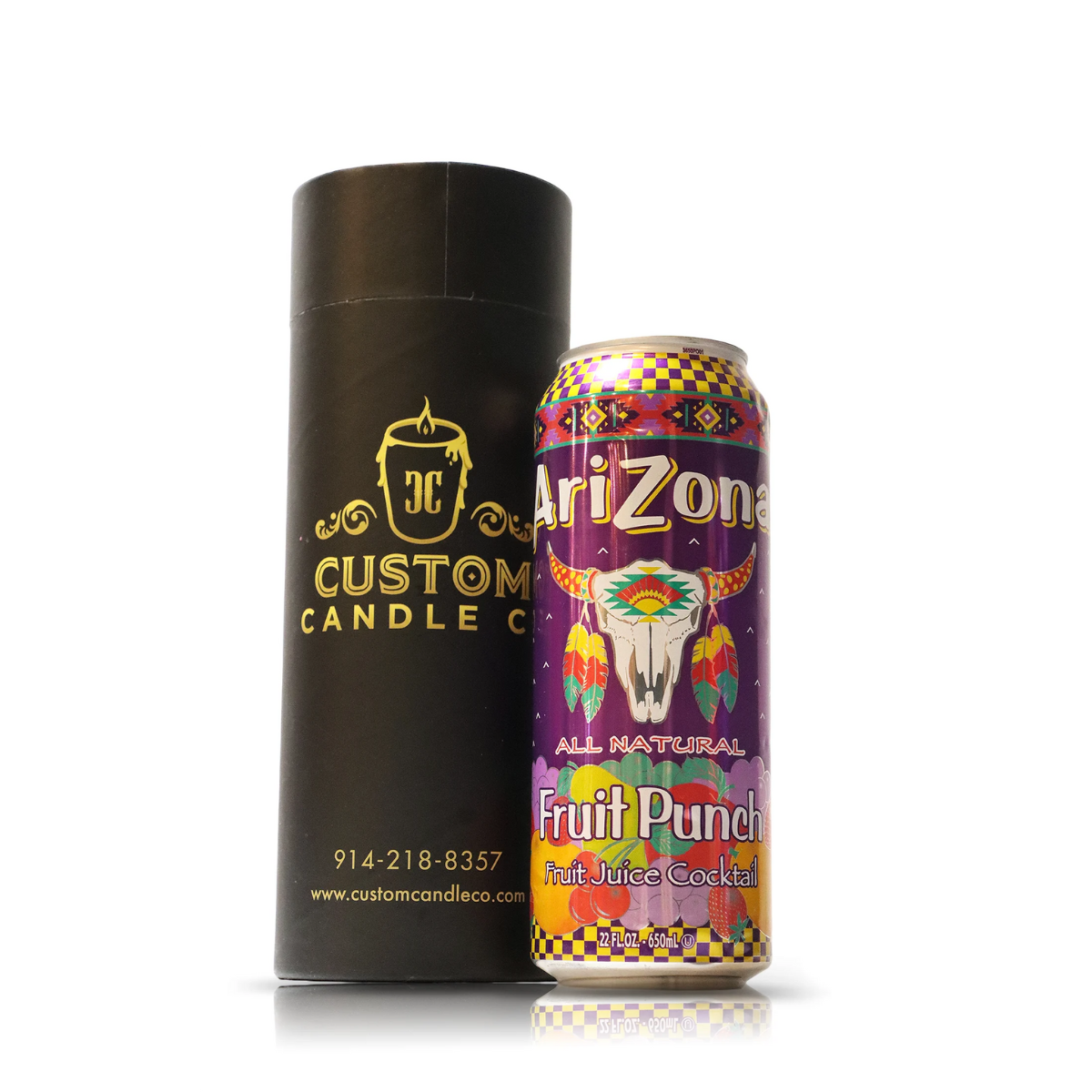 A Recycled Can Fruit Punch Candle in a tall Arizona can is displayed beside a black "Custom Candle Co." container on a white background, highlighting unique upcycled candles made from beverage bottles.