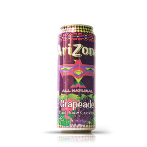A Recycled Grapeade Candle, crafted from an Arizona Grapeade can featuring a vibrant geometric design and grape graphics—ideal as home decor or for those seeking unique, upcycled candle creations.
