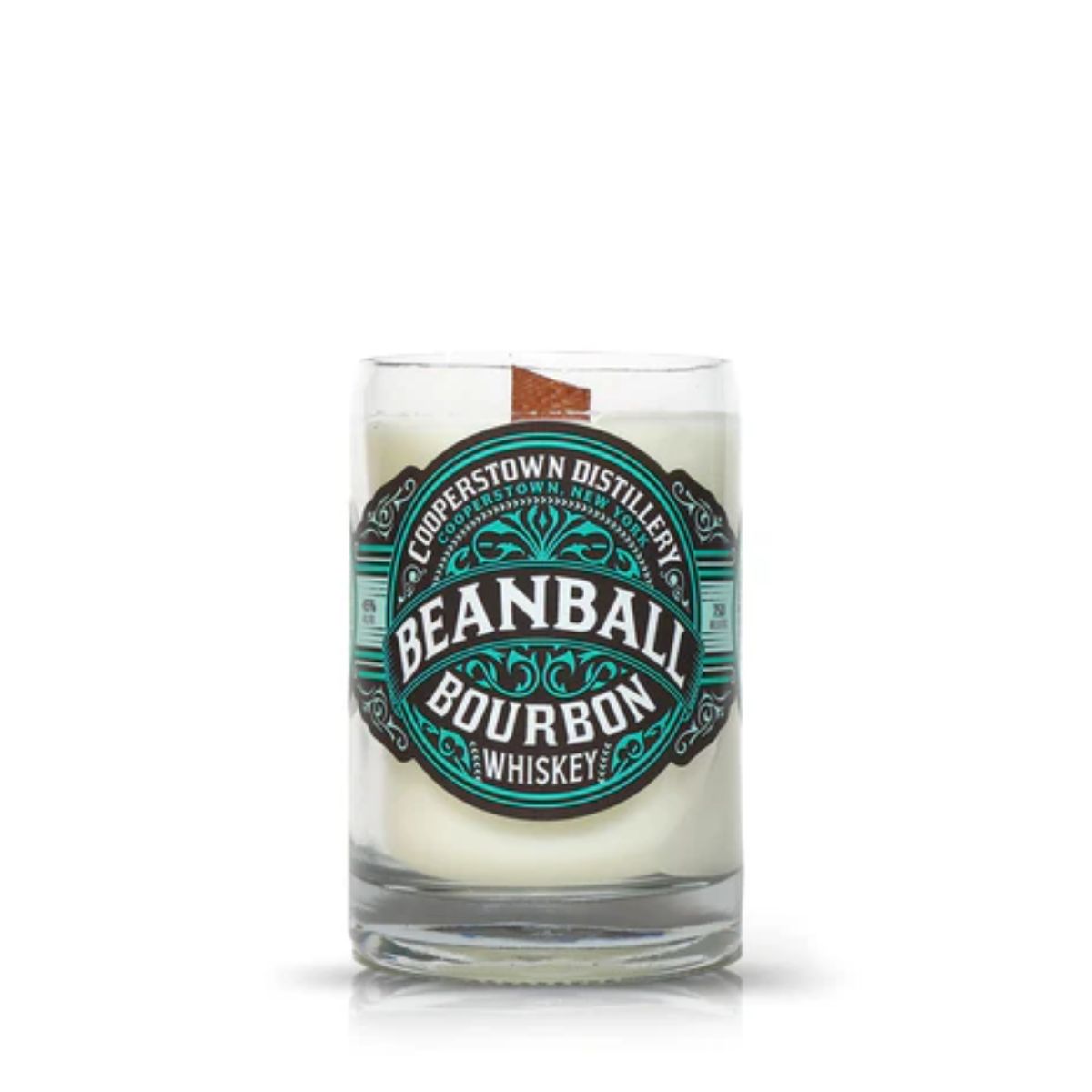 Recycled Bourbon Whiskey Candle: An elegant glass candle with a wooden wick, featuring teal and black branding on the front—crafted from an upcycled whiskey bottle for a unique touch.