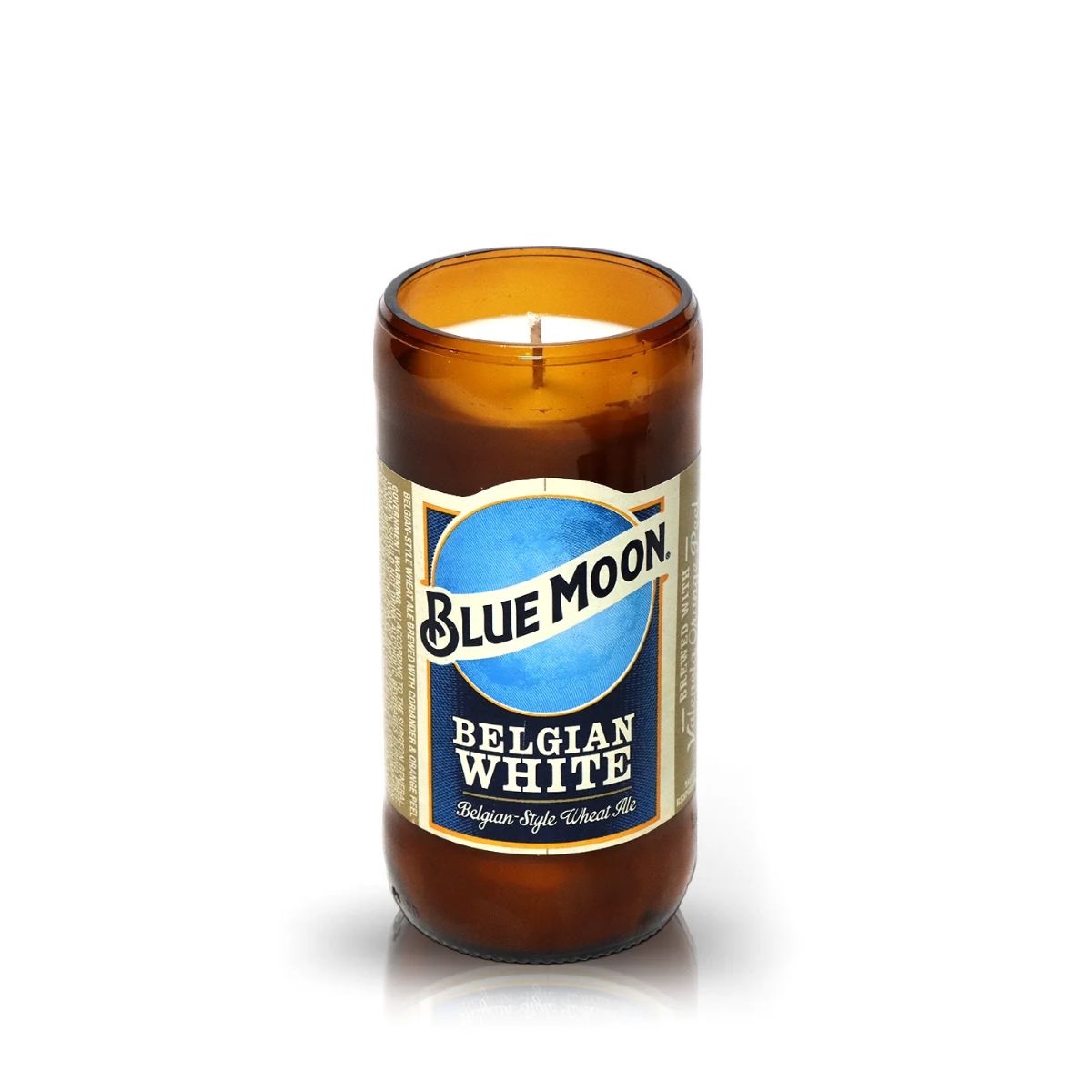 The Recycled Belgian White Beer Candle is hand poured into a recycled Blue Moon Belgian White bottle with the label intact, displayed on a white background—an ideal sustainable choice for eco-conscious spaces.