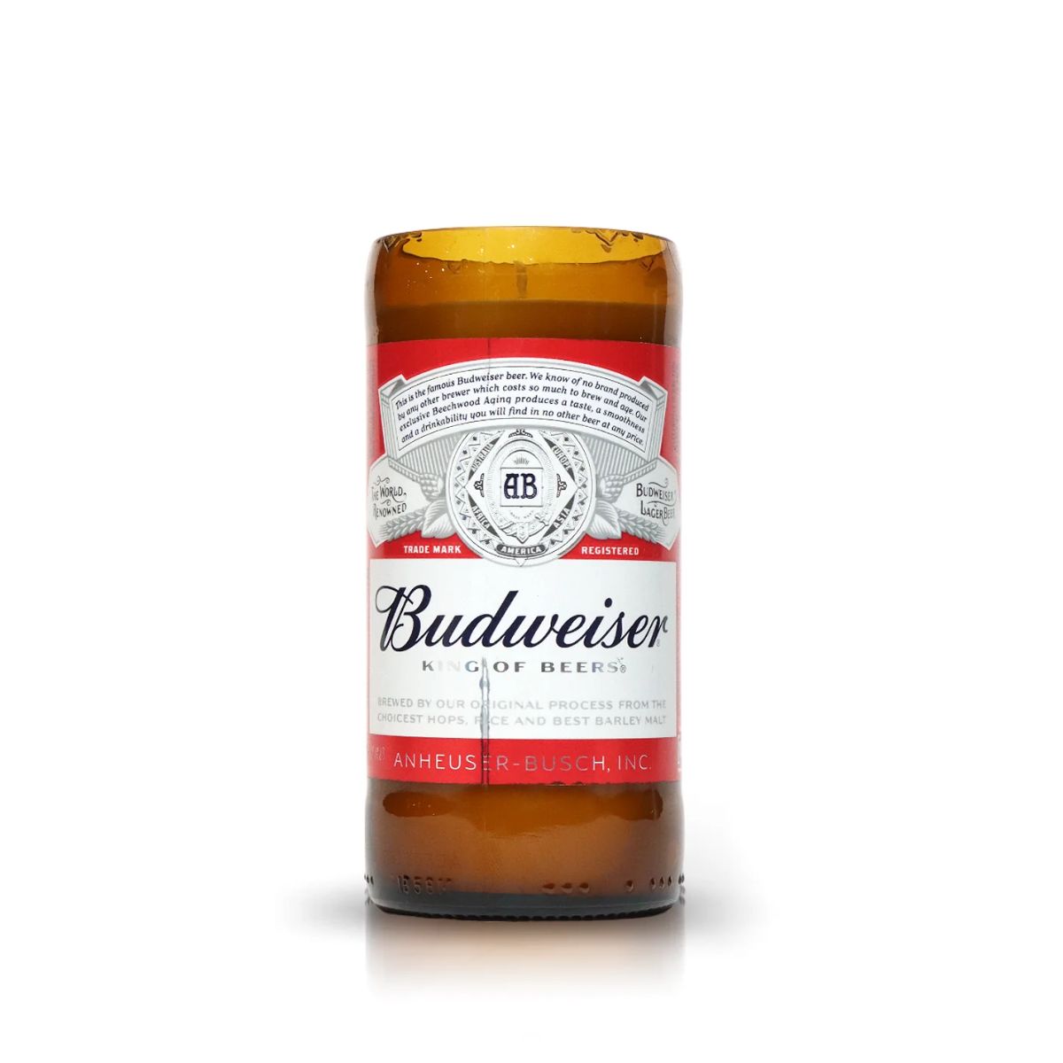 A Recycled American-Style Beer Candle made from a brown Budweiser bottle, featuring the original label and branding.