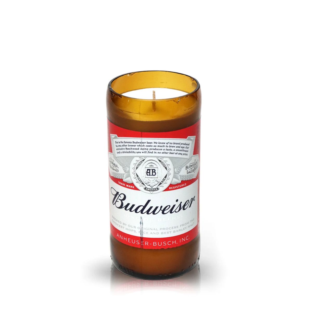 The Recycled American-Style Beer Candle is hand-poured in a brown glass container crafted from a recycled Budweiser beer bottle, complete with the original label.