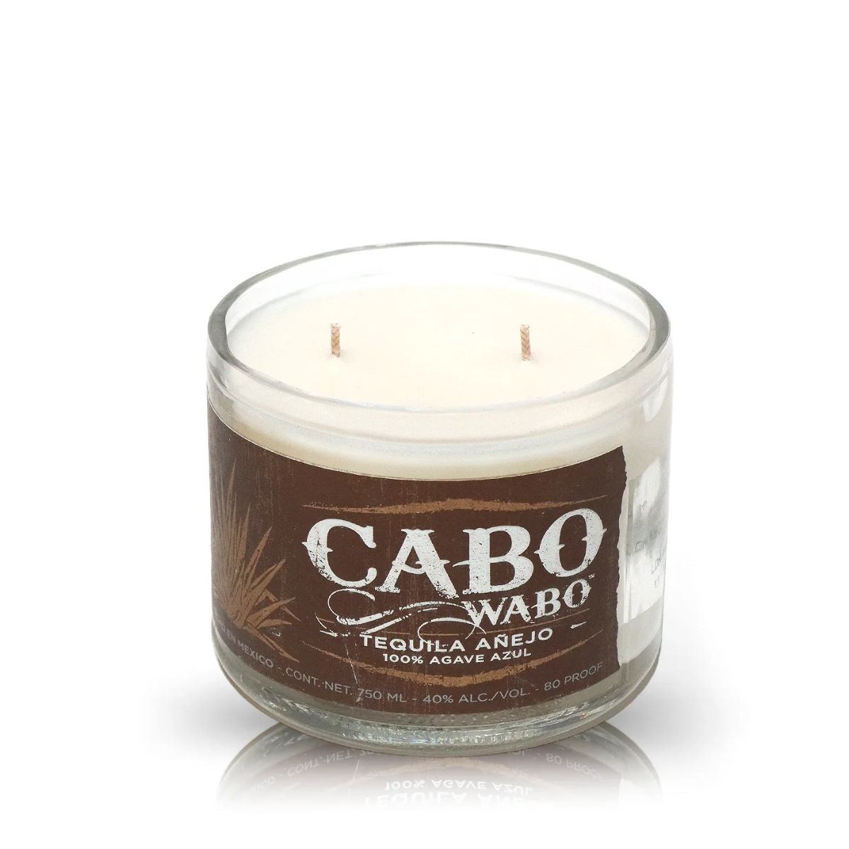 The Recycled Azul Agave Anejo Tequila Candle is crafted from a repurposed "Cabo Wabo Tequila Añejo 100% Agave Azul" bottle, featuring two wicks and a brown and white design.
