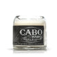 The Recycled Azul Agave Tequila Candle is made from a repurposed Cabo Wabo Tequila Blanco bottle with a black label and white wax—ideal for tequila bottle candle fans.