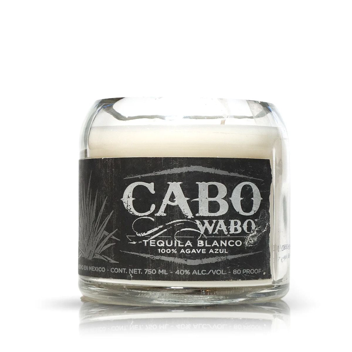 The Recycled Azul Agave Tequila Candle is made from a repurposed Cabo Wabo Tequila Blanco bottle with a black label and white wax—ideal for tequila bottle candle fans.