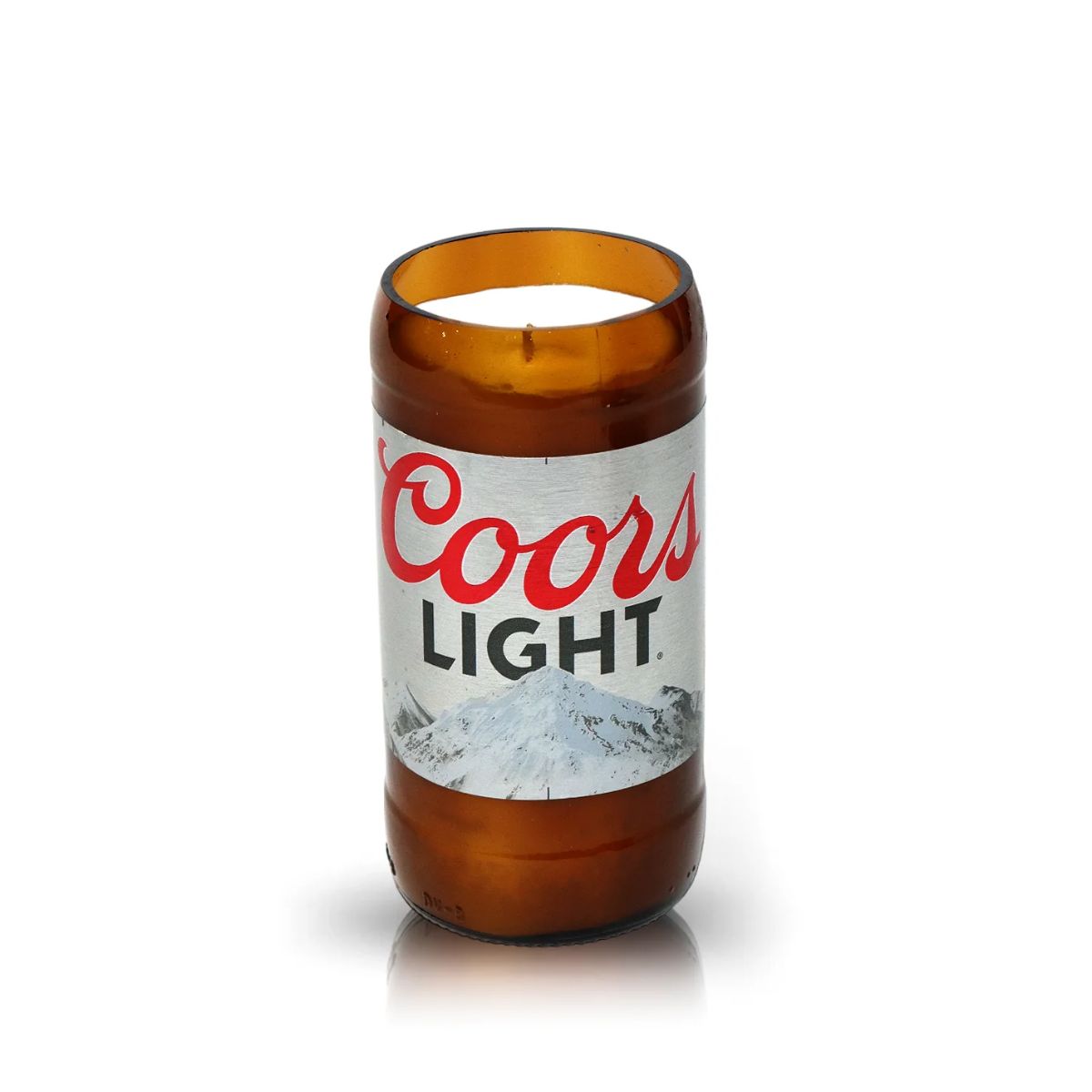 The Recycled Light Beer Candle is hand-poured into a recycled Coors Light beer bottle with the top removed and features a wick inside.