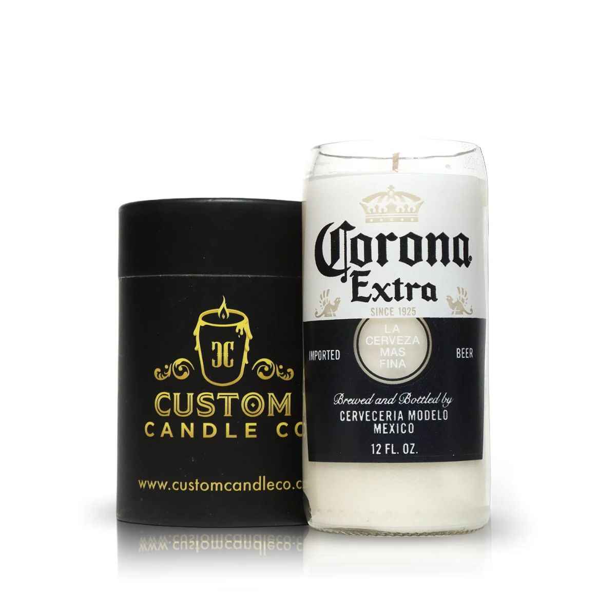 A Recycled Mexican-Style Beer Candle, hand-poured in a reused bottle, sits beside a black cylindrical box labeled "Custom Candle Co.