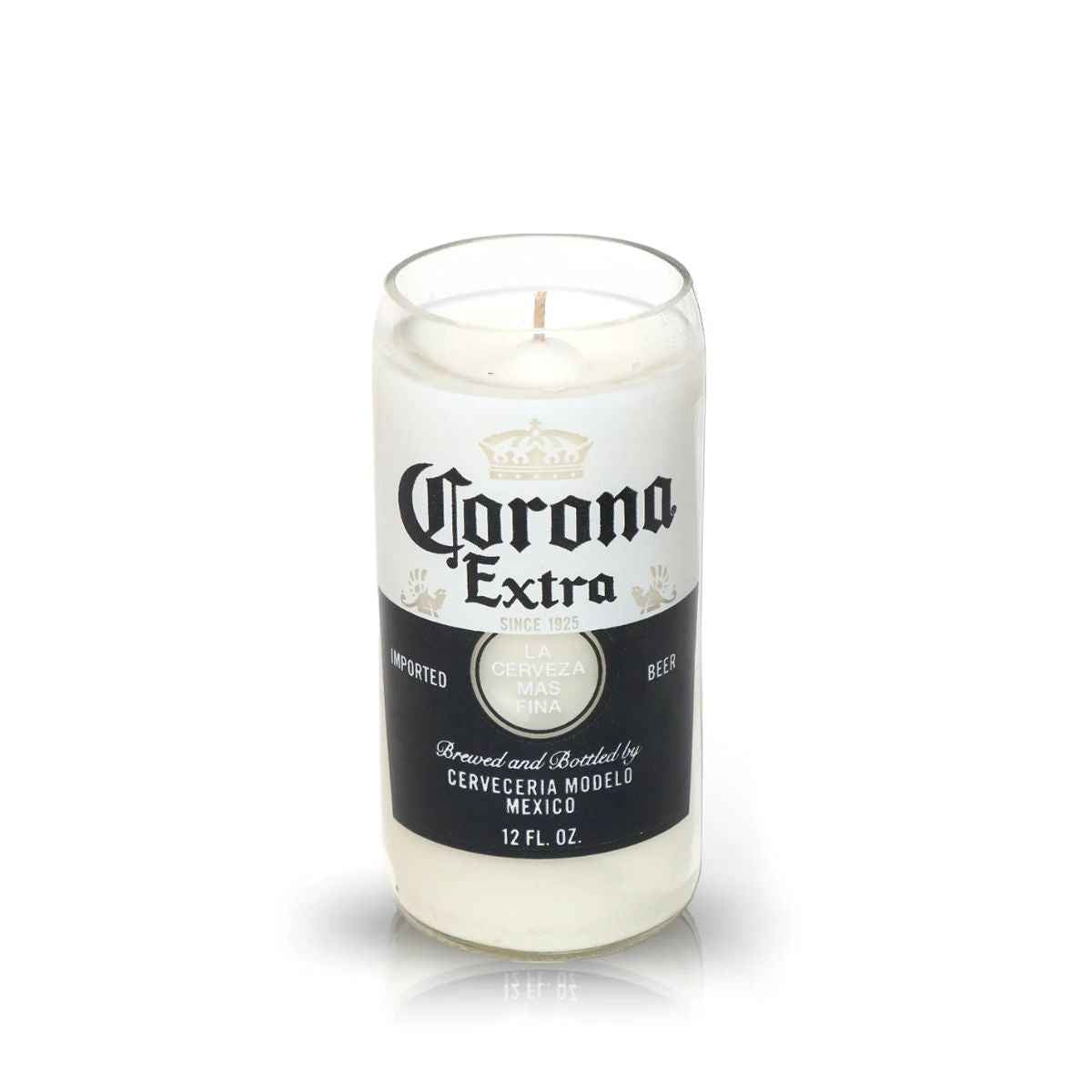 The Recycled Mexican-Style Beer Candle is a hand-poured candle in a glass container that resembles a Corona Extra can, displayed against a plain white background.
