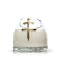 The Recycled Cross of Lorraine Cognac Candle features a clear glass holder made from a recycled cognac bottle, filled with white coconut-apricot wax and adorned with a gold Cross of Lorraine on the front.