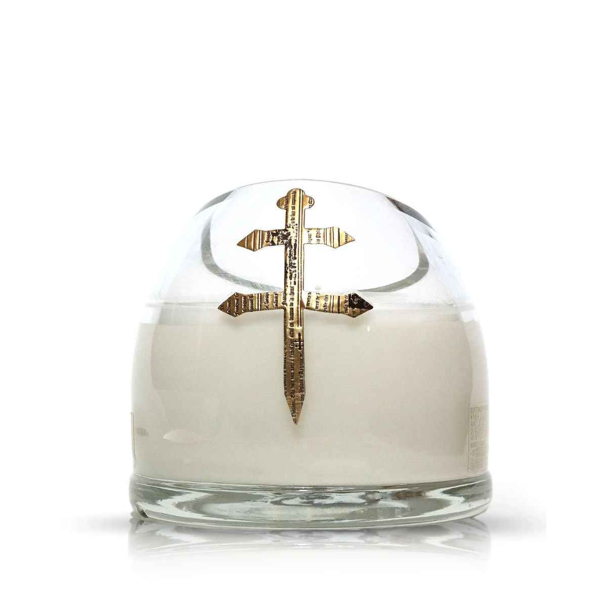 The Recycled Cross of Lorraine Cognac Candle features a clear glass holder made from a recycled cognac bottle, filled with white coconut-apricot wax and adorned with a gold Cross of Lorraine on the front.