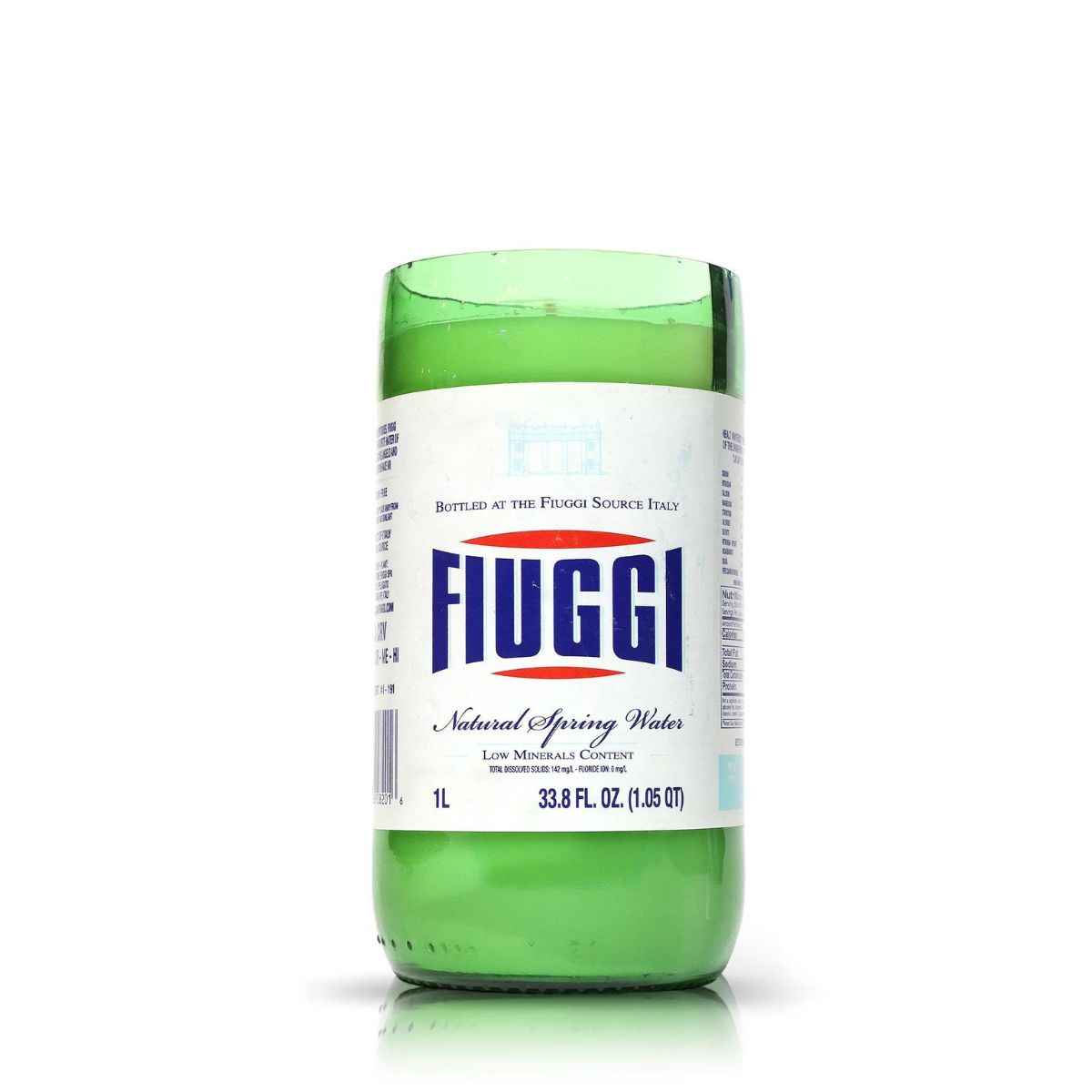 The Recycled Natural Spring Water Candle features a green glass bottle (1L) with a white and blue label and red text—ideal for eco-friendly upcycled décor or as a stylish beverage bottle candle on a white background.