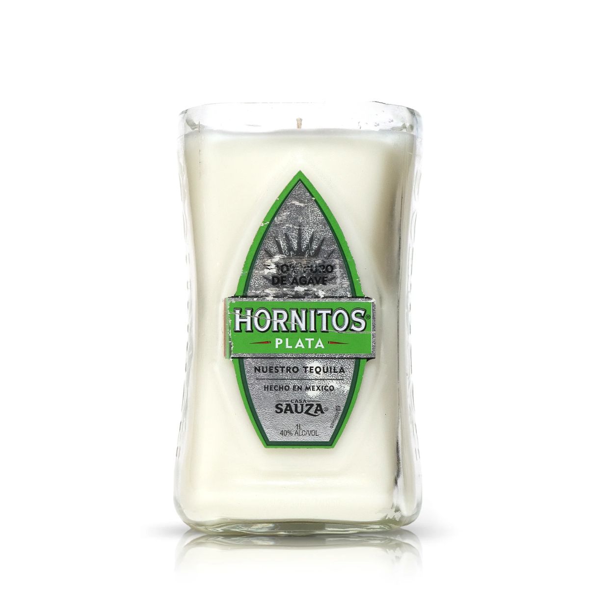 The Recycled Nuestro Tequila Candle is a white soy candle in a glass container shaped like a Hornitos Plata tequila bottle with its original green and silver label—ideal for fans of tequila bottle candles and recycled decor.