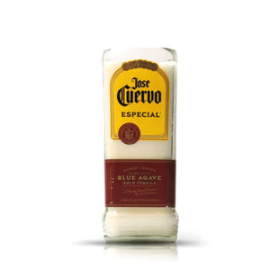 The Recycled Blue Agave Especial Tequila Candle features a white agave scent and comes in a glass container crafted to resemble a Jose Cuervo Especial tequila bottle.
