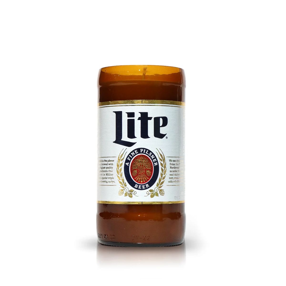 The Recycled Pilsner Beer Candle is hand-poured from an upcycled brown Lite beer bottle with its original label, displayed on a plain white background.