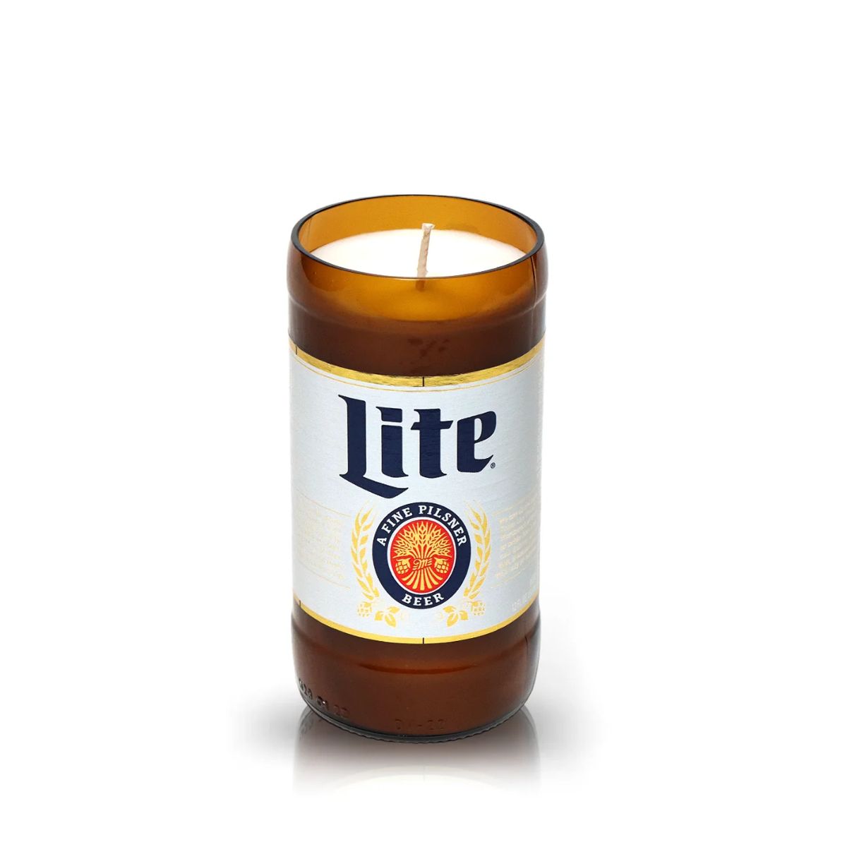 The Recycled Pilsner Beer Candle is a hand-poured candle in a brown glass beer can container, labeled "Lite" and featuring "The Fine Pilsner Beer" on the front.