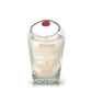 The Recycled 46# Straight Bourbon Whiskey Candle is a white candle in a clear glass crafted from upcycled bourbon bottles, shaped like a whiskey glass, with a red wax seal on the rim and product text printed on the glass.