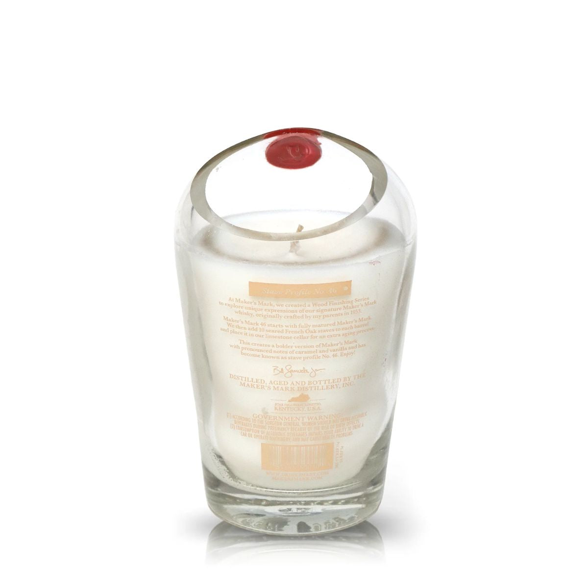 The Recycled 46# Straight Bourbon Whiskey Candle is a white candle in a clear glass crafted from upcycled bourbon bottles, shaped like a whiskey glass, with a red wax seal on the rim and product text printed on the glass.