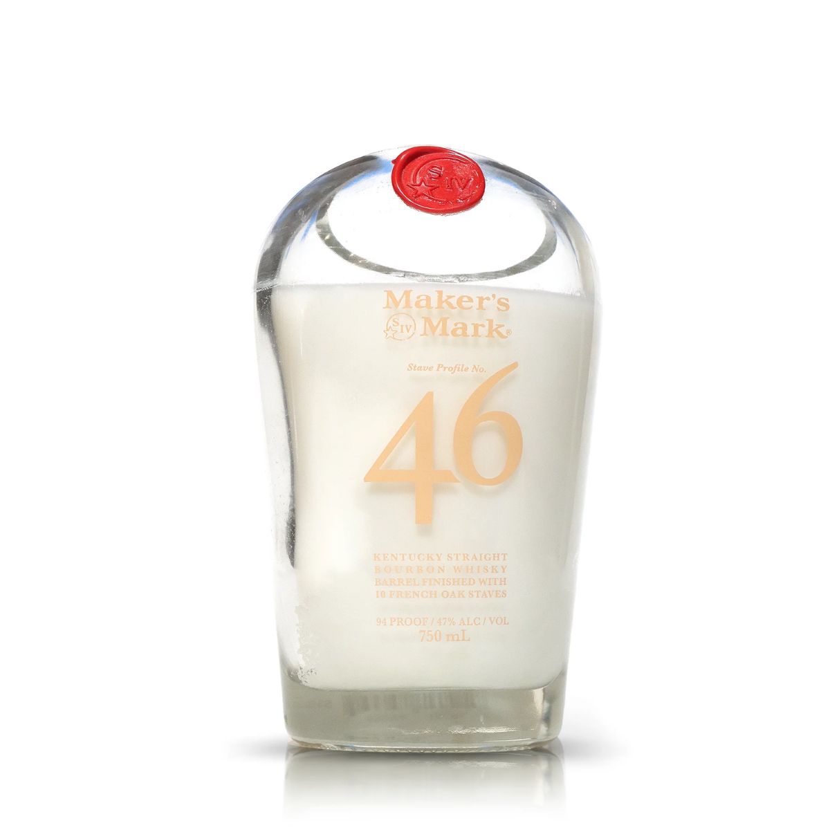 The Recycled 46# Straight Bourbon Whiskey Candle is crafted from a 750 ml Maker’s Mark bourbon bottle with a red wax seal, gold lettering, and contains 47% ABV, now upcycled into a unique recycled candle.