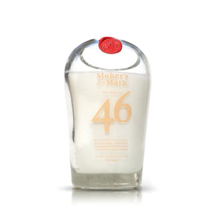 The Recycled 46# Straight Bourbon Whiskey Candle is crafted from a 750 ml Maker’s Mark bourbon bottle with a red wax seal, gold lettering, and contains 47% ABV, now upcycled into a unique recycled candle.