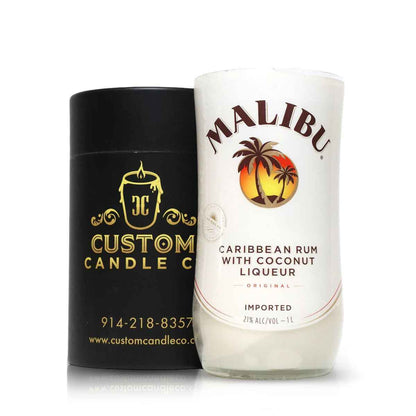 A Recycled Caribbean Rum Candle in a white repurposed bottle sits beside a black Custom Candle Co. container, highlighting unique, artisanal, and eco-friendly candles.