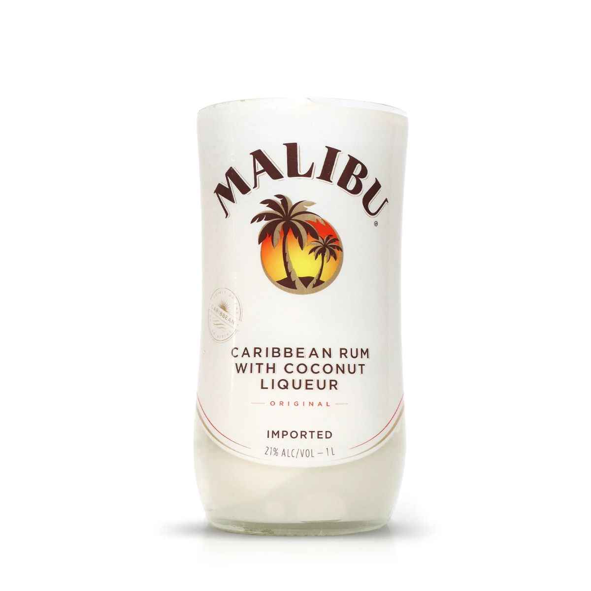The Recycled Caribbean Rum Candle, made from a 1L Malibu bottle (21% alc/vol) with a sunset and palm tree logo, offers an eco-friendly way to enjoy the iconic Caribbean vibe.