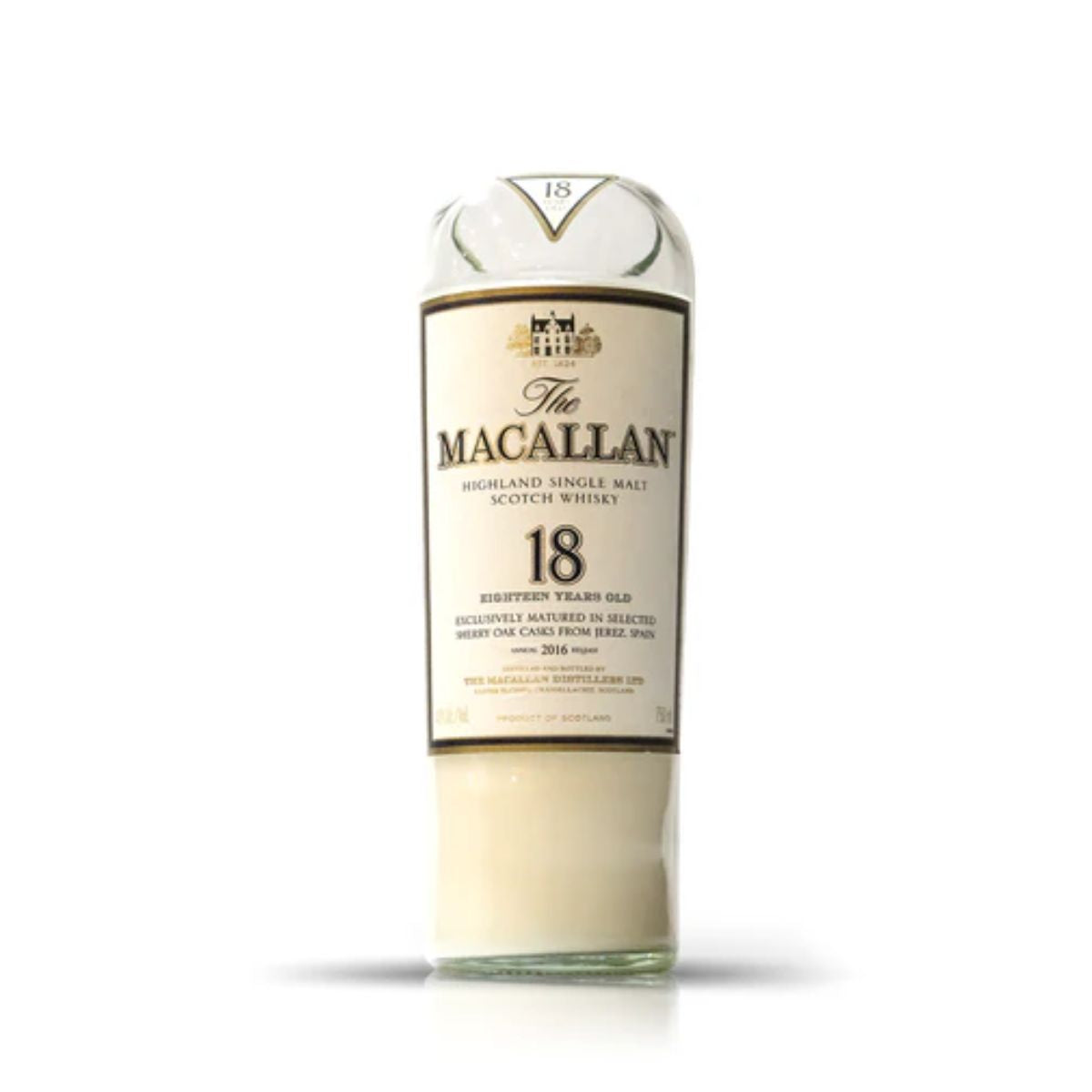 A Recycled Highland Single Malt Scotch Whiskey Candle, crafted from a partially emptied bottle—perfect for upcycled décor—stands upright against a plain white background.