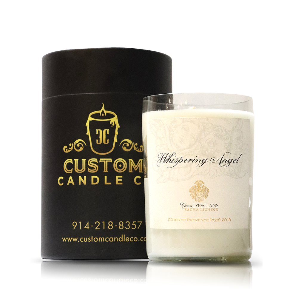 A white Recycled 2018 Rosé Wine Candle, made from eco-friendly upcycled wine bottles, is paired with a sleek black cylindrical box displaying gold "Custom Candle Co" branding and contact details.