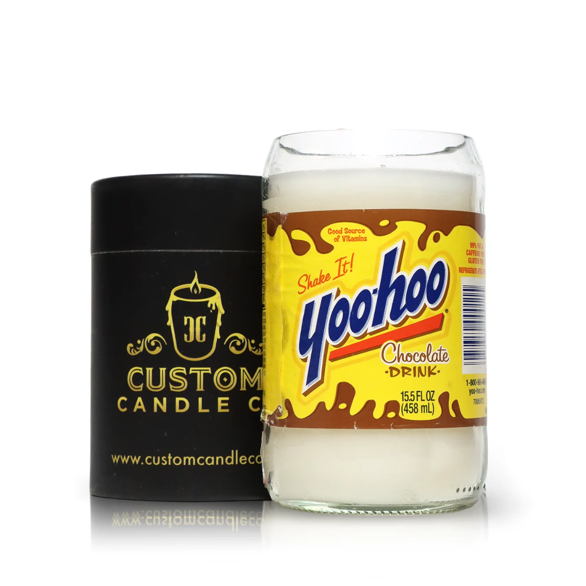 A Recycled Chocolate Milk Glass Candle stands next to a black Custom Candle Co. container, showcasing eco-friendly candles that enhance your home decor.