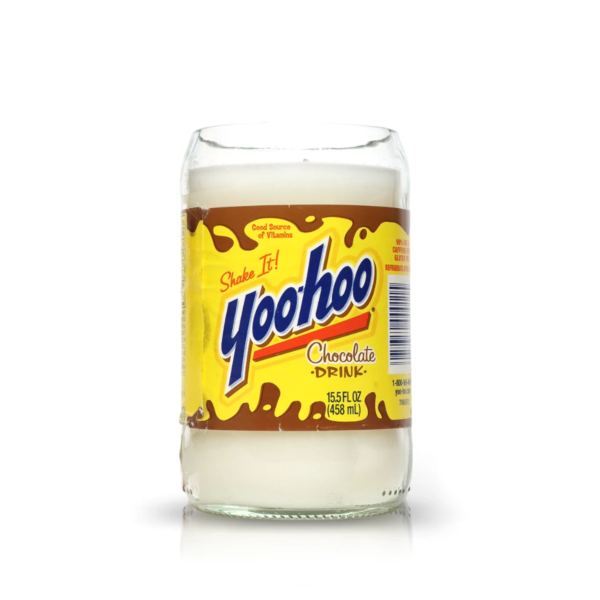 A Recycled Chocolate Milk Glass Candle, created from a Yoohoo Chocolate Drink bottle and filled with creamy white wax, features the classic yellow and brown label that stands out against the white, making it a distinctive eco-friendly decor piece.