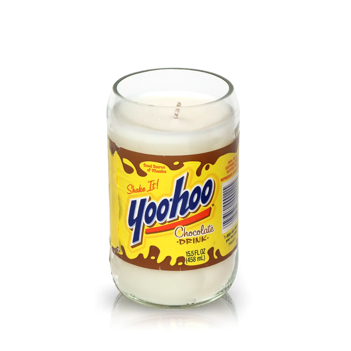 The Recycled Chocolate Milk Glass Candle is a white candle poured into an empty Yoo-hoo bottle with the original label, creating an eco-friendly upcycled decor piece.