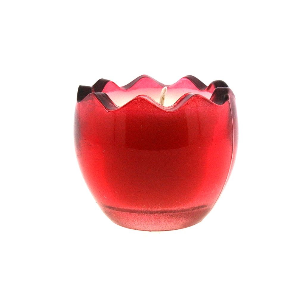 The Red Glass Easter Egg is a red glass candle holder with a wavy rim, containing a white natural wax candle.