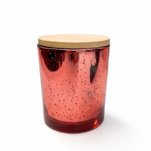 Red Mercury Glass Candle with a bamboo lid on a white background