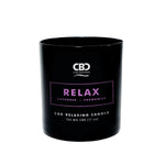 The RELAX Aromatherapy Candle 11oz by CBD Live Natural features a black jar with lavender and chamomile scent, contains 125mg CBD, and is perfect for soothing aromatherapy and unwinding.